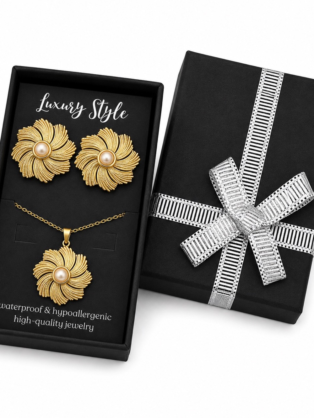 18K gold plated Flower Pearl Pendant Necklace & Earrings Set